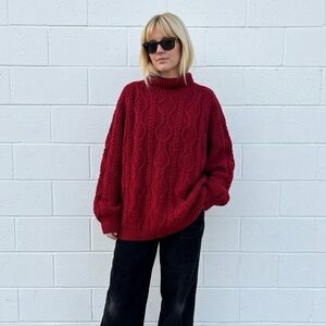 Handmade Vintage Red Fisherman Sweater sz Large Cable Knit Wool Chunky Oversized